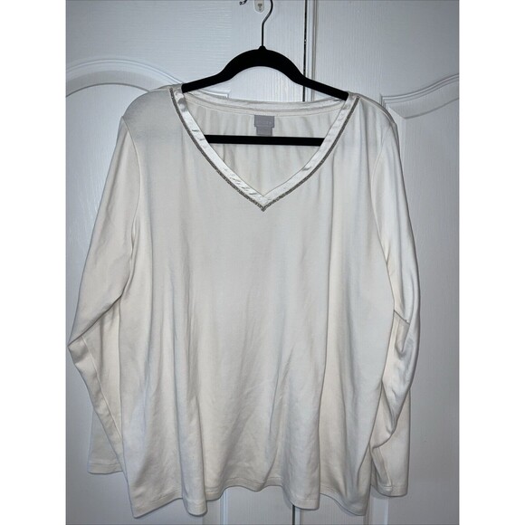 Chico's Womens Ivory Long Sleeve V-Neck T-Shirt Blouse Sz 4 XXL Stretch Sparkle - Picture 1 of 11